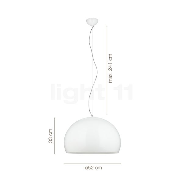 Dimensions du luminaire Kartell FL/Y Suspension blanc brillant en détail - hauteur, largeur, profondeur et diamètre de chaque composant.