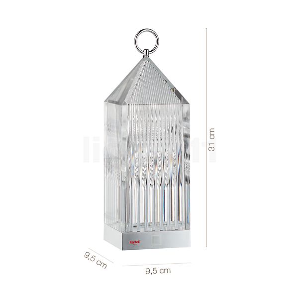 Measurements of the Kartell Lantern LED clear , Warehouse sale, as new, original packaging in detail: height, width, depth and diameter of the individual parts.