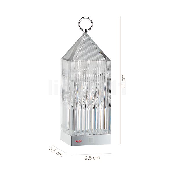 Dimensions du luminaire Kartell Lantern LED translucide clair en détail - hauteur, largeur, profondeur et diamètre de chaque composant.