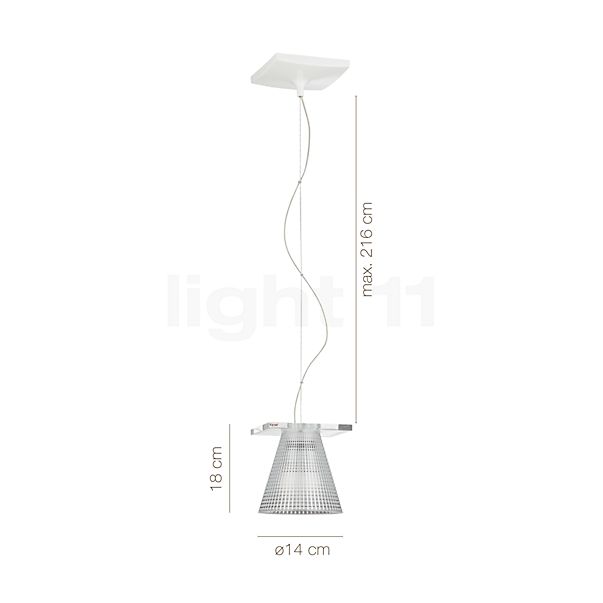 De afmetingen van de Kartell Light-Air Hanglamp amber met reliëf patroon in detail: hoogte, breedte, diepte en diameter van de afzonderlijke onderdelen.