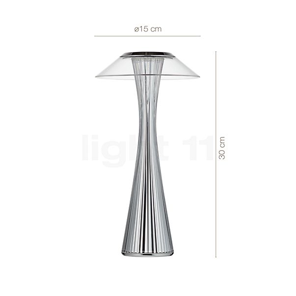 Measurements of the Kartell Space Table Lamp Outdoor LED chrome in detail: height, width, depth and diameter of the individual parts.