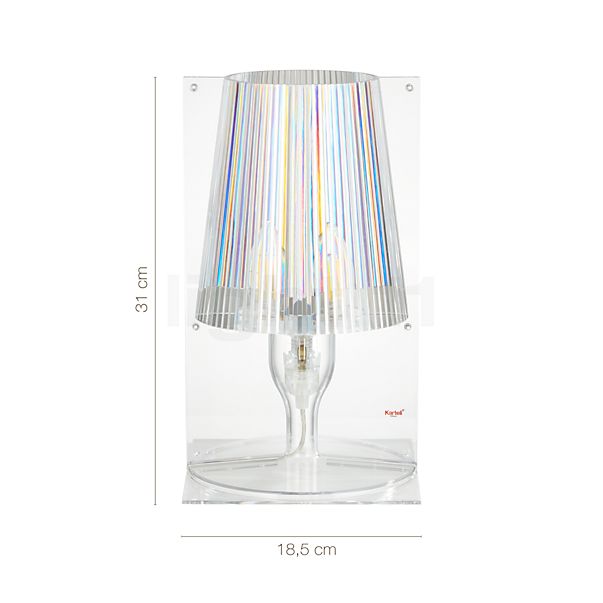 Dimensions du luminaire Kartell Take Lampe de table ambre en détail - hauteur, largeur, profondeur et diamètre de chaque composant.