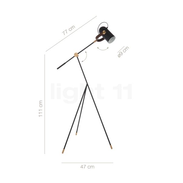 Målene for Le Klint Carronade Standerlampe Low sand: De enkelte komponenters højde, bredde, dybde og diameter.
