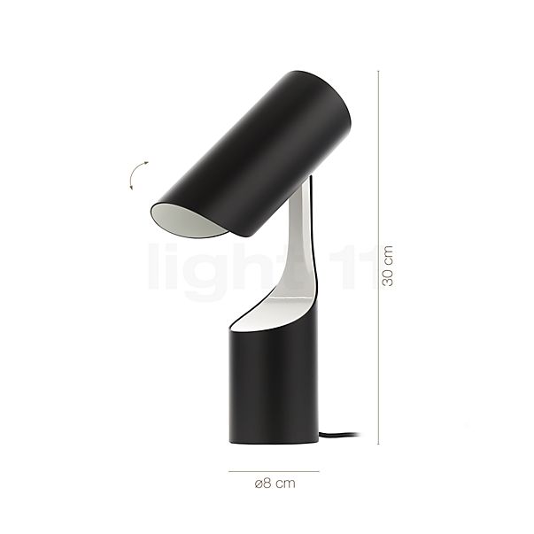Målene for Le Klint Mutatio Bordlampe sort: De enkelte komponenters højde, bredde, dybde og diameter.