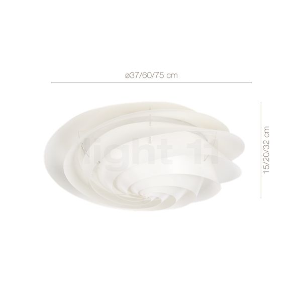 Målene for Le Klint Swirl Lofts-/Væglampe hvid - ø37 cm: De enkelte komponenters højde, bredde, dybde og diameter.