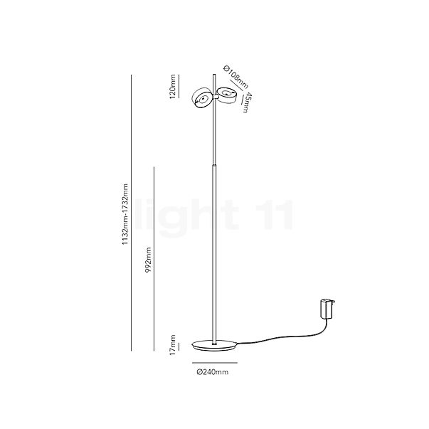 Light Point Orbit, lámpara de pie LED titanio - alzado con dimensiones