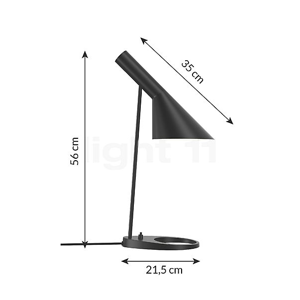 Dimensions du luminaire Louis Poulsen AJ Lampe de table noir en détail - hauteur, largeur, profondeur et diamètre de chaque composant.