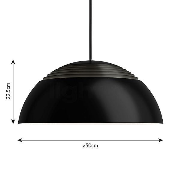 De afmetingen van de Louis Poulsen AJ Royal Hanglamp LED ø50 cm - zwart - 2.700 K - fasedimmer in detail: hoogte, breedte, diepte en diameter van de afzonderlijke onderdelen.
