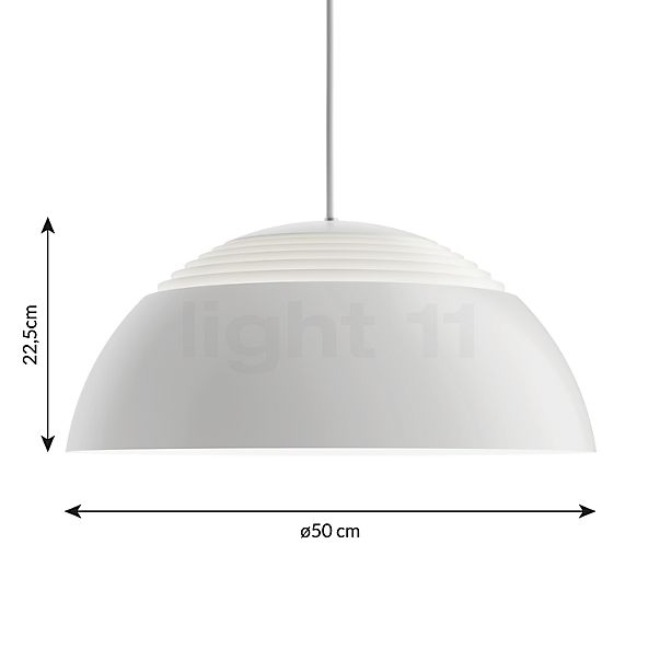 Measurements of the Louis Poulsen AJ Royal Pendant Light LED ø50 cm - white - 2,700 K - phase dimmer in detail: height, width, depth and diameter of the individual parts.