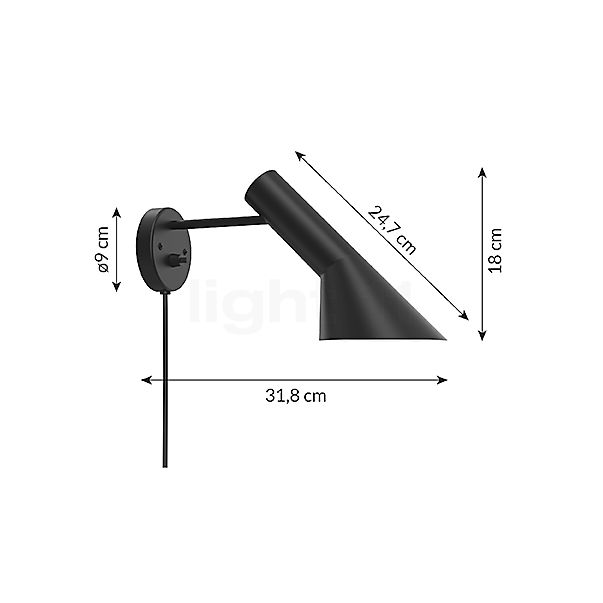 Målene for Louis Poulsen AJ Væglampe sort - med kontakt/med stik: De enkelte komponenters højde, bredde, dybde og diameter.