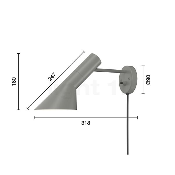 Louis Poulsen AJ, lámpara de pared gris cálido - con botón/con Stecker - alzado con dimensiones