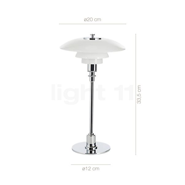 Dimensions du luminaire Louis Poulsen PH 2/1 Lampe de table chrome brillant en détail - hauteur, largeur, profondeur et diamètre de chaque composant.
