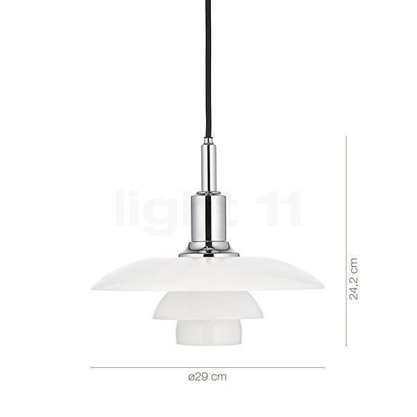 Measurements of the Louis Poulsen PH 3/2 Pendant Light chrome glossy , Warehouse sale, as new, original packaging in detail: height, width, depth and diameter of the individual parts.