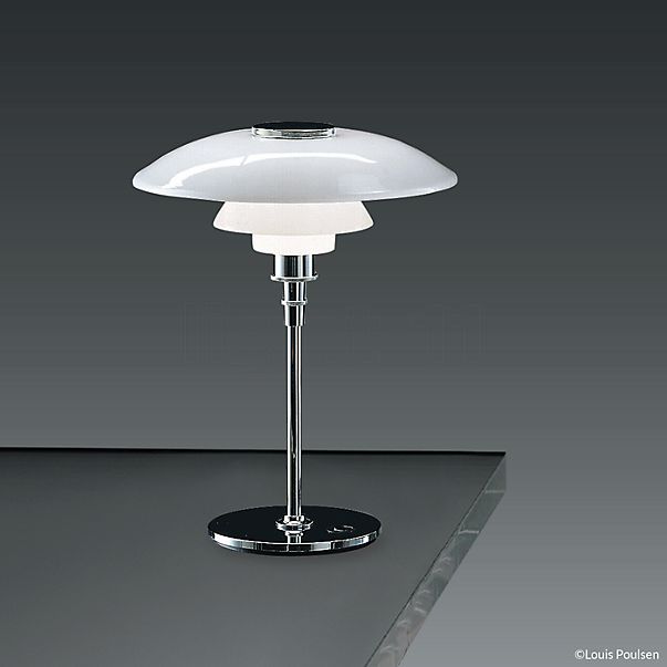 Louis Poulsen PH 4½-3½, lámpara de sobremesa en vidrio cromo brillo