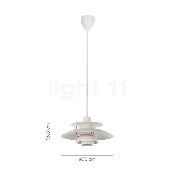 Dimensions du luminaire Louis Poulsen PH 5 Mini blanc moderne en détail - hauteur, largeur, profondeur et diamètre de chaque composant.