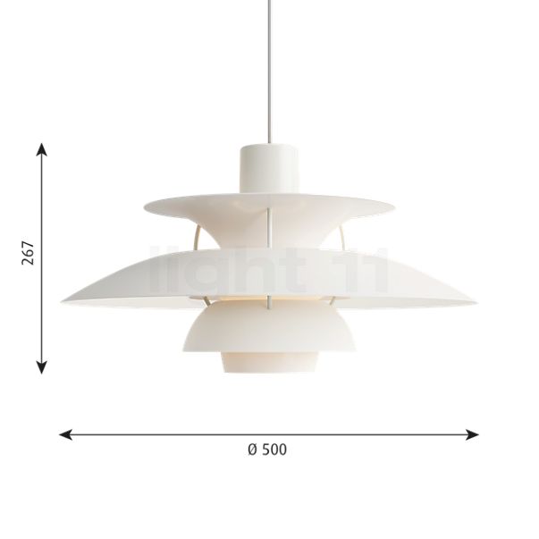 Dimensions du luminaire Louis Poulsen PH 5 Suspension Monochrome - blanc en détail - hauteur, largeur, profondeur et diamètre de chaque composant.