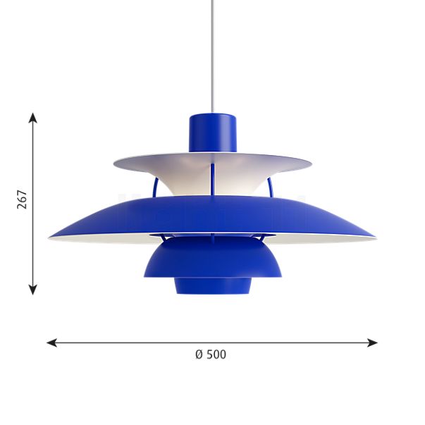 Dimensions du luminaire Louis Poulsen PH 5 Suspension Monochrome - bleu en détail - hauteur, largeur, profondeur et diamètre de chaque composant.