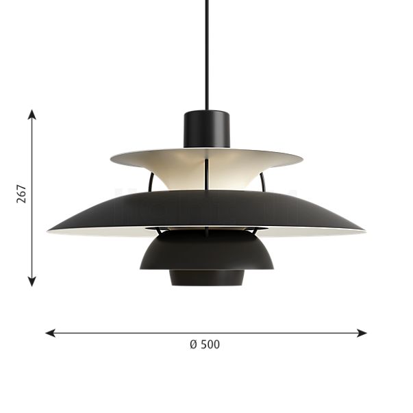 Dimensions du luminaire Louis Poulsen PH 5 Suspension Monochrome - noir en détail - hauteur, largeur, profondeur et diamètre de chaque composant.