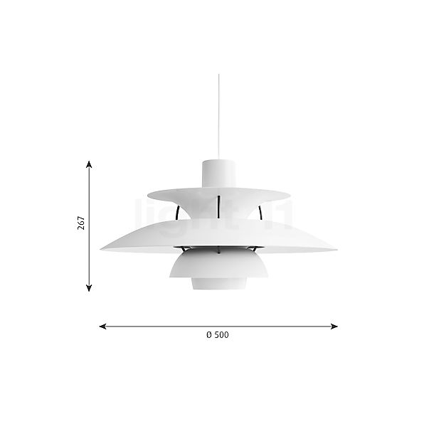 Louis Poulsen PH 5, lámpara de suspensión gris ostra - alzado con dimensiones