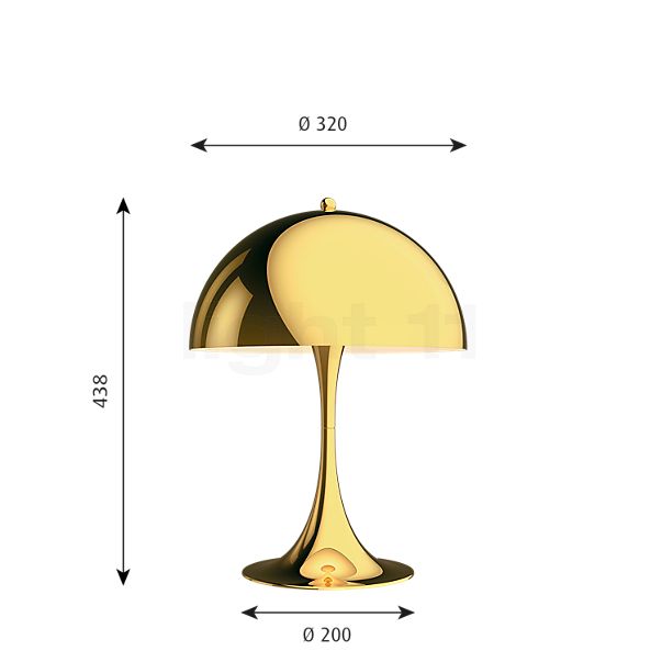 Målene for Louis Poulsen Panthella Bordlampe messing - 32 cm: De enkelte komponenters højde, bredde, dybde og diameter.