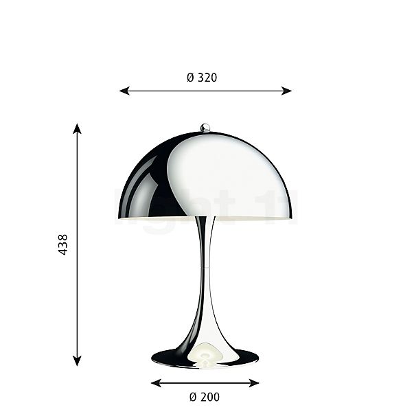 Dimensions du luminaire Louis Poulsen Panthella Lampe de table chrome brillant - 32 cm en détail - hauteur, largeur, profondeur et diamètre de chaque composant.
