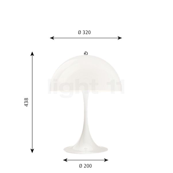Dimensions du luminaire Louis Poulsen Panthella Lampe de table opale blanc - 32 cm en détail - hauteur, largeur, profondeur et diamètre de chaque composant.