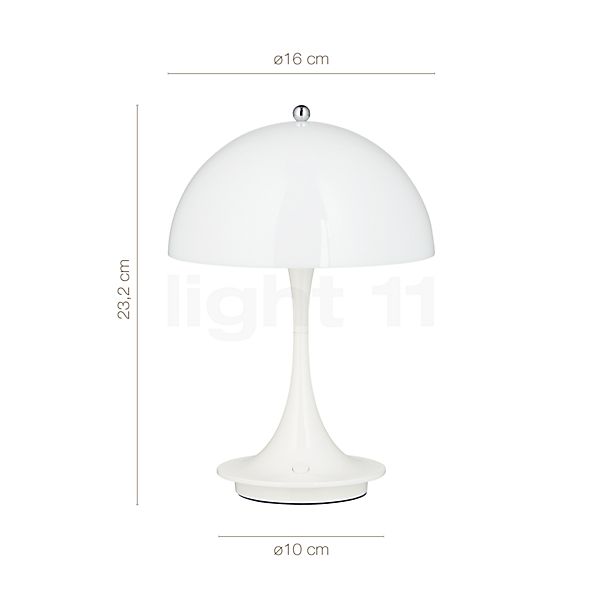 Dimensions du luminaire Louis Poulsen Panthella Portable Lampe rechargeable LED acrylique - opale blanc - 16 cm en détail - hauteur, largeur, profondeur et diamètre de chaque composant.