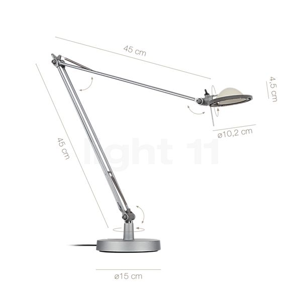 Dimensions du luminaire Luceplan Berenice Lampe de table réflecteur blanc/corps aluminium - avec pied - bras 45 cm en détail - hauteur, largeur, profondeur et diamètre de chaque composant.