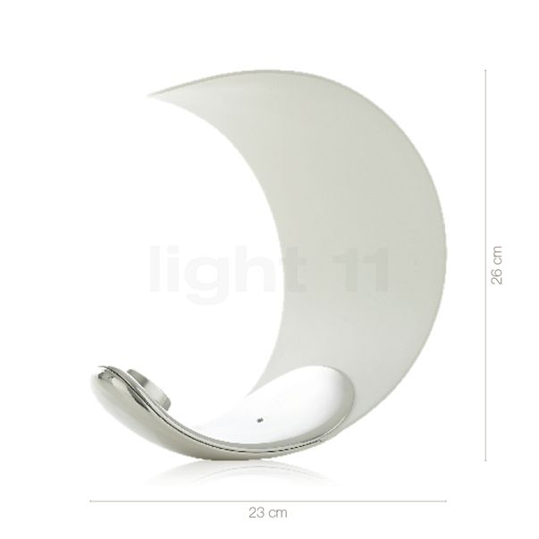 Die Abmessungen der Luceplan Curl Tavolo chrom/weiß im Detail: Höhe, Breite, Tiefe und Durchmesser der einzelnen Bestandteile.