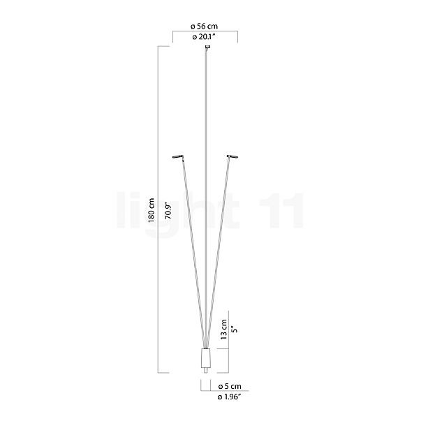 Luceplan Flia, sobremuro LED 3 focos con piqueta 120 + 120 + 180 cm - 3.000 K - alzado con dimensiones