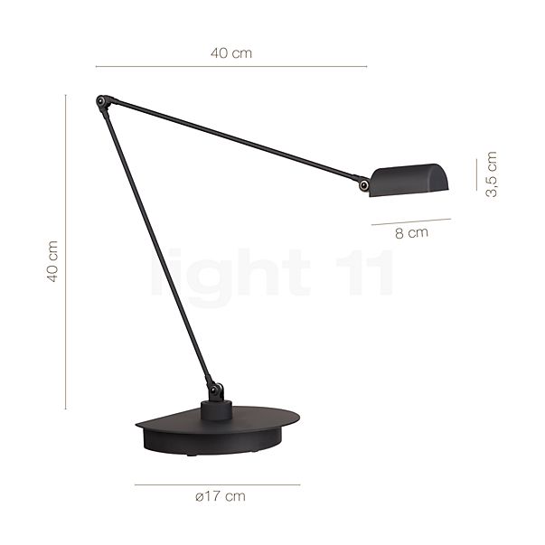 Die Abmessungen der Lumina Daphine Cloe Tavolo LED schwarz im Detail: Höhe, Breite, Tiefe und Durchmesser der einzelnen Bestandteile.