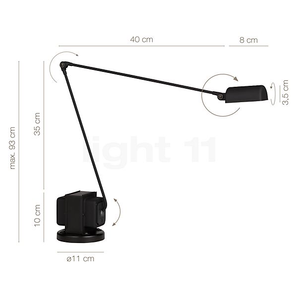 Dimensiones del/de la Lumina Daphine Tavolo LED soft-touch negro - 2.700 K al detalle: alto, ancho, profundidad y diámetro de cada componente.