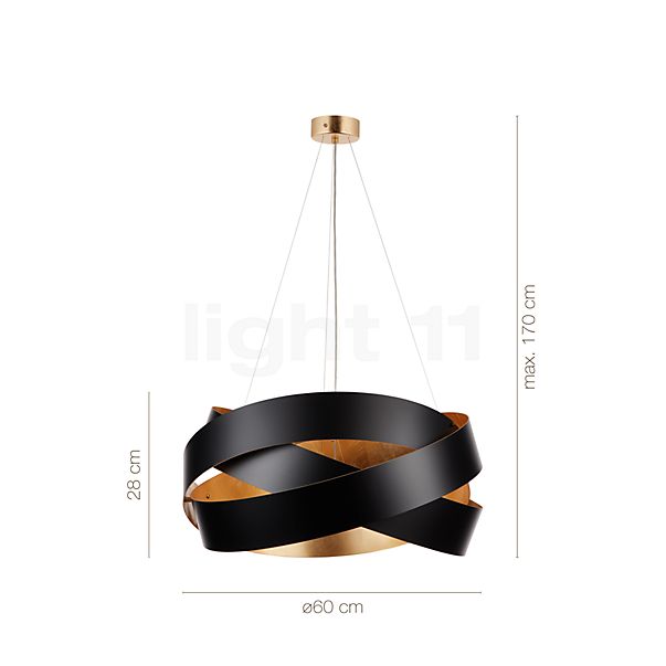 De afmetingen van de Marchetti Pura Hanglamp zwart/bladgoud look - ø60 cm , Magazijnuitverkoop, nieuwe, originele verpakking in detail: hoogte, breedte, diepte en diameter van de afzonderlijke onderdelen.