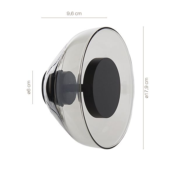 Dimensions du luminaire Marset Aura Applique LED fumé - ø17,9 cm en détail - hauteur, largeur, profondeur et diamètre de chaque composant.