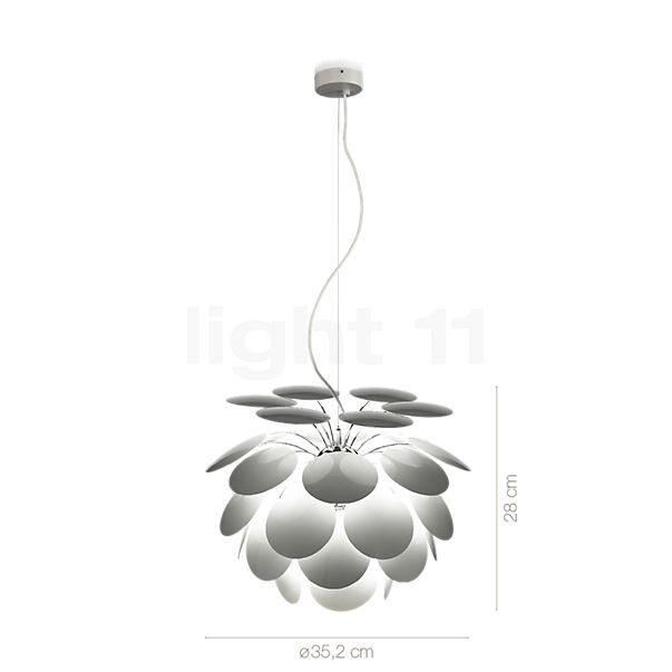 Measurements of the Marset Discocó Pendant light white - ø35 cm in detail: height, width, depth and diameter of the individual parts.