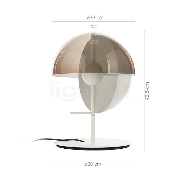 Dimensions du luminaire Marset Theia M Lampe de table LED blanc en détail - hauteur, largeur, profondeur et diamètre de chaque composant.