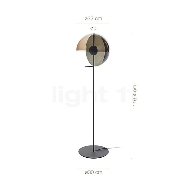 Measurements of the Marset Theia P Floor Lamp LED white in detail: height, width, depth and diameter of the individual parts.