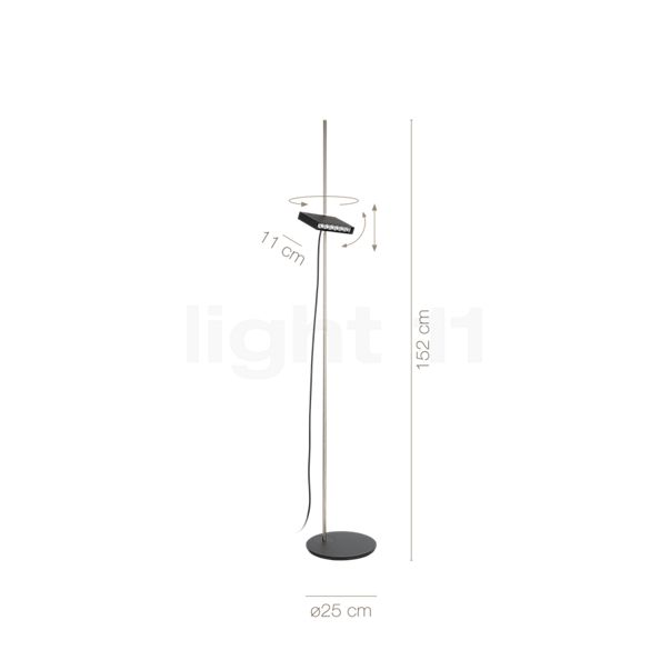 Measurements of the Mawa FBL Floor Lamp LED black matt in detail: height, width, depth and diameter of the individual parts.