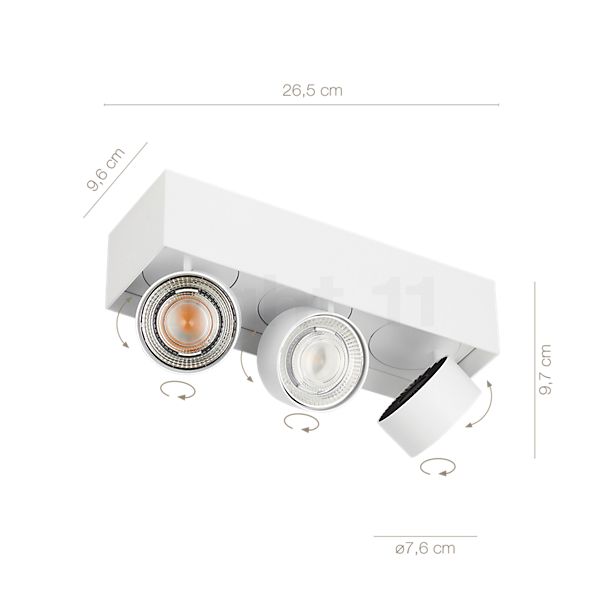 Die Abmessungen der Mawa Wittenberg 4.0 Deckenleuchte LED 3-flammig - halbbündig weiß matt - ra 95 im Detail: Höhe, Breite, Tiefe und Durchmesser der einzelnen Bestandteile.