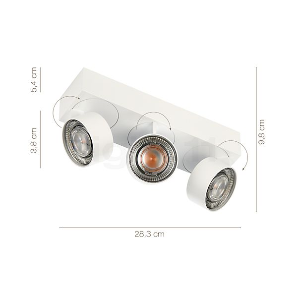 De afmetingen van de Mawa Wittenberg 4.0 Plafondlamp LED 3-lichts wit mat - ra 95 in detail: hoogte, breedte, diepte en diameter van de afzonderlijke onderdelen.