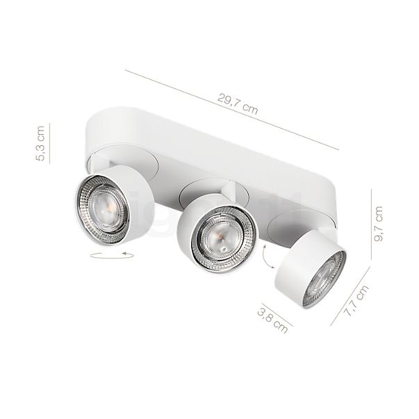 Dimensions du luminaire Mawa Wittenberg 4.0 Plafonnier LED 3 foyers - ovale blanc mat - ra 92 , fin de série en détail - hauteur, largeur, profondeur et diamètre de chaque composant.