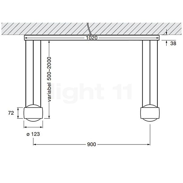 Occhio Sento Sospeso Due Var D Hanglamp LED 2-lichts kop chroom mat/plafondkapje wit mat - 2.700 K - Occhio Air schets