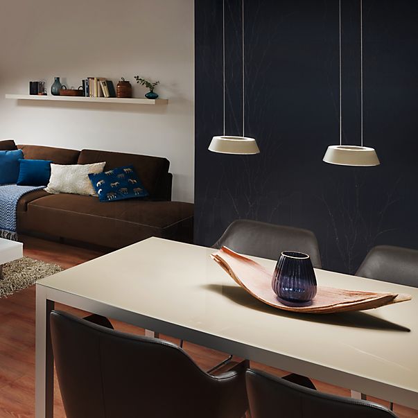 Oligo Glance Suspension LED 2 foyers - réglage en hauteur invisible cache-piton blanc - opercule noir - tête beige