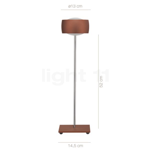 Målene for Oligo Grace Bordlampe LED brun: De enkelte komponenters højde, bredde, dybde og diameter.
