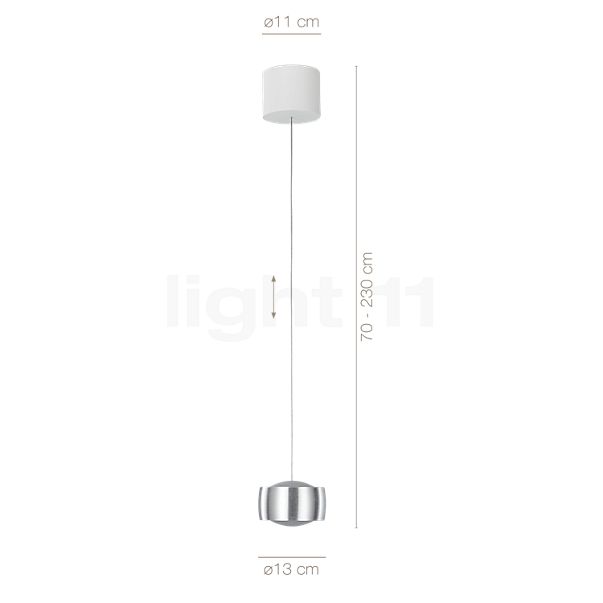 De afmetingen van de Oligo Grace Hanglamp LED 1-licht - onzichtbaar in hoogte verstelbaar aluminium geborsteld in detail: hoogte, breedte, diepte en diameter van de afzonderlijke onderdelen.