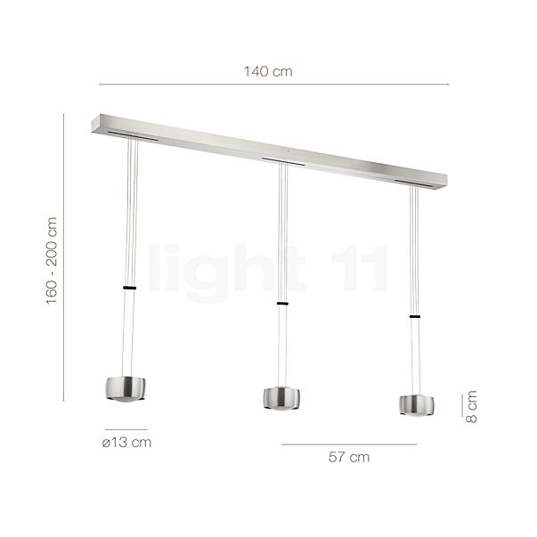 Measurements of the Oligo Grace Pendant Light LED 3 lamps - height adjustable aluminium brushed in detail: height, width, depth and diameter of the individual parts.