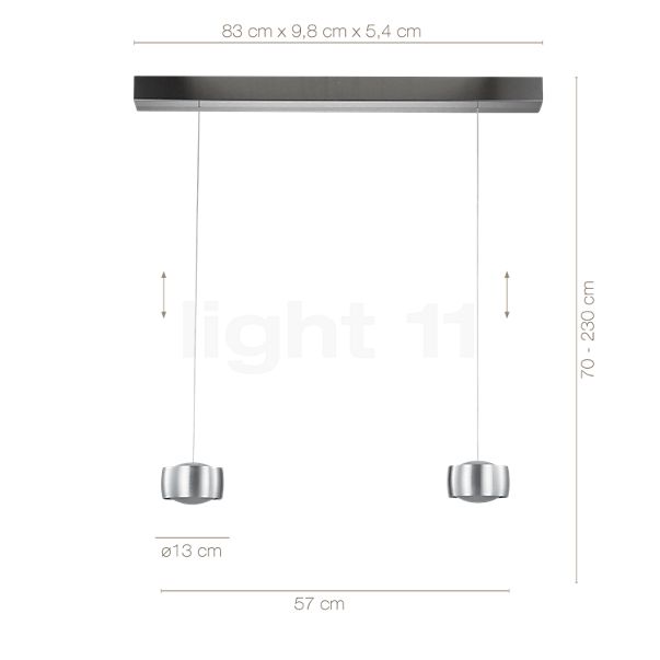 Dimensions du luminaire Oligo Grace Suspension LED 2 foyers - réglage en hauteur invisible cache-piton blanc - opercule aluminium - tête aluminium en détail - hauteur, largeur, profondeur et diamètre de chaque composant.