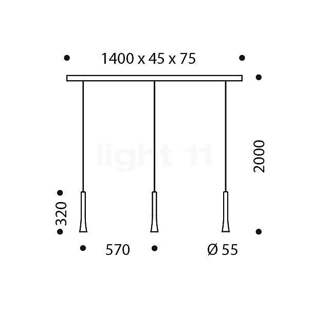 Oligo Rio, lámpara de suspensión 3 focos LED cobre - alzado con dimensiones
