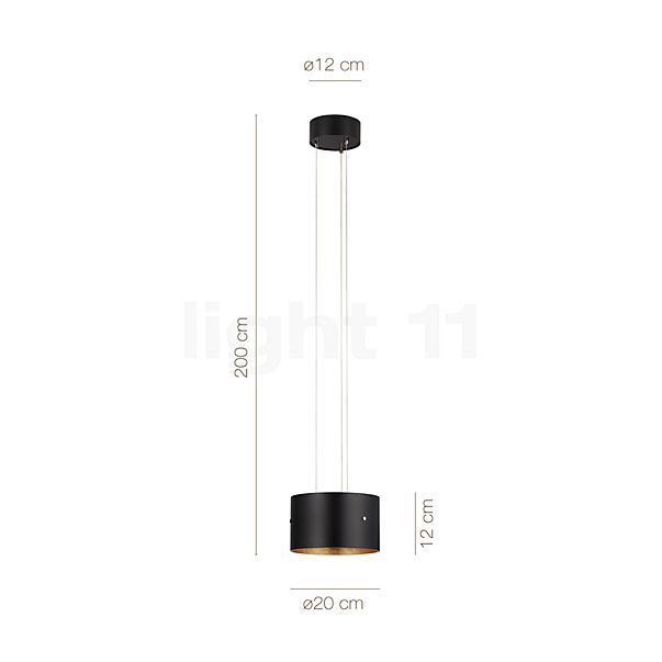 Measurements of the Oligo Trofeo LED Pendant Light with gesture control black matt/gold in detail: height, width, depth and diameter of the individual parts.