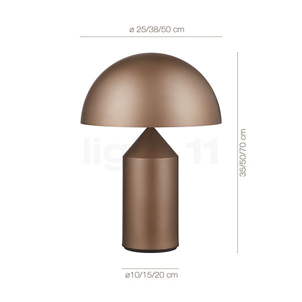 Measurements of the Oluce Atollo Table Lamp bronze - ø25 cm - model 238 in detail: height, width, depth and diameter of the individual parts.